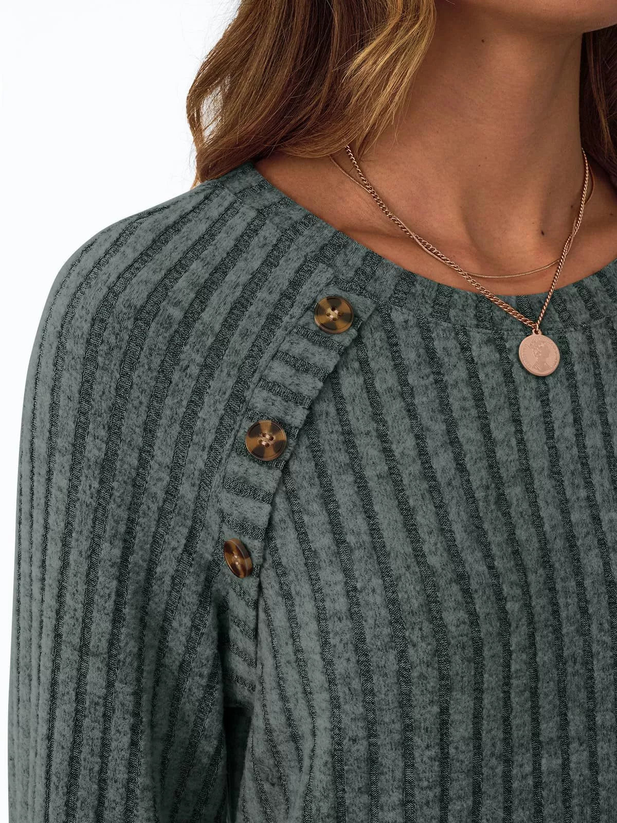 Ribbed Knit Decor Button Long Sleeve T-Shirt OutfitFlow