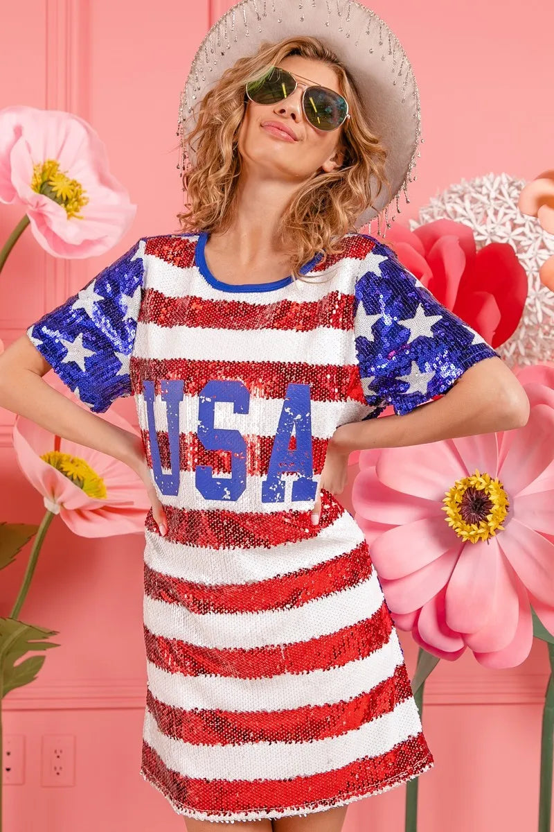 BiBi American Flag Theme Usa Print Sequin Dress OutfitFlow