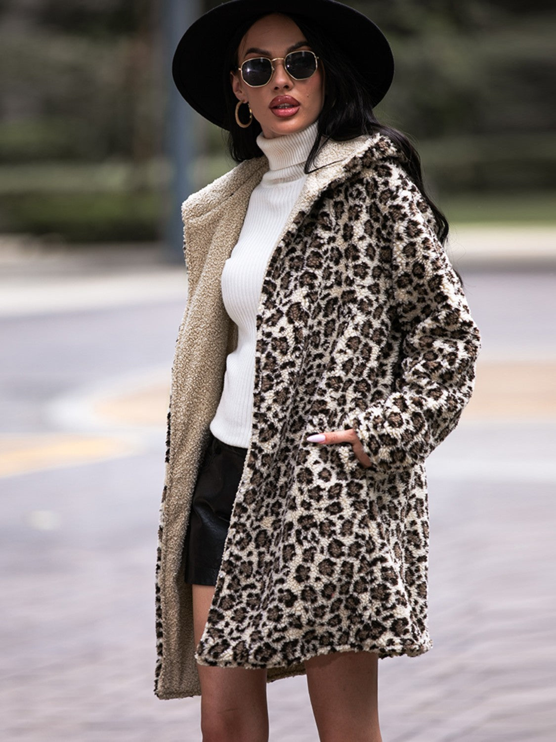 Shiny Leopard Hooded Coat with Pockets OutfitFlow