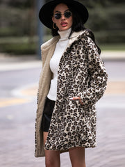 Shiny Leopard Hooded Coat with Pockets OutfitFlow