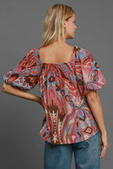 Outfit Flow - Umgee Full Size Abstract Print Smocked Square Neck Puff Sleeve Blouse