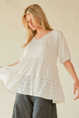 Davi & Dani Ruffled Flared Short Sleeve V Neck Blouse OutfitFlow