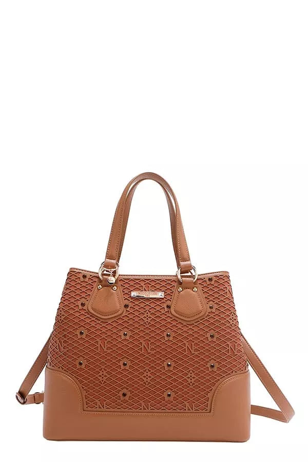 Nicole Lee USA Monogram Pattern Handbag with Rhinestones Decor BROWN OS Trendsi