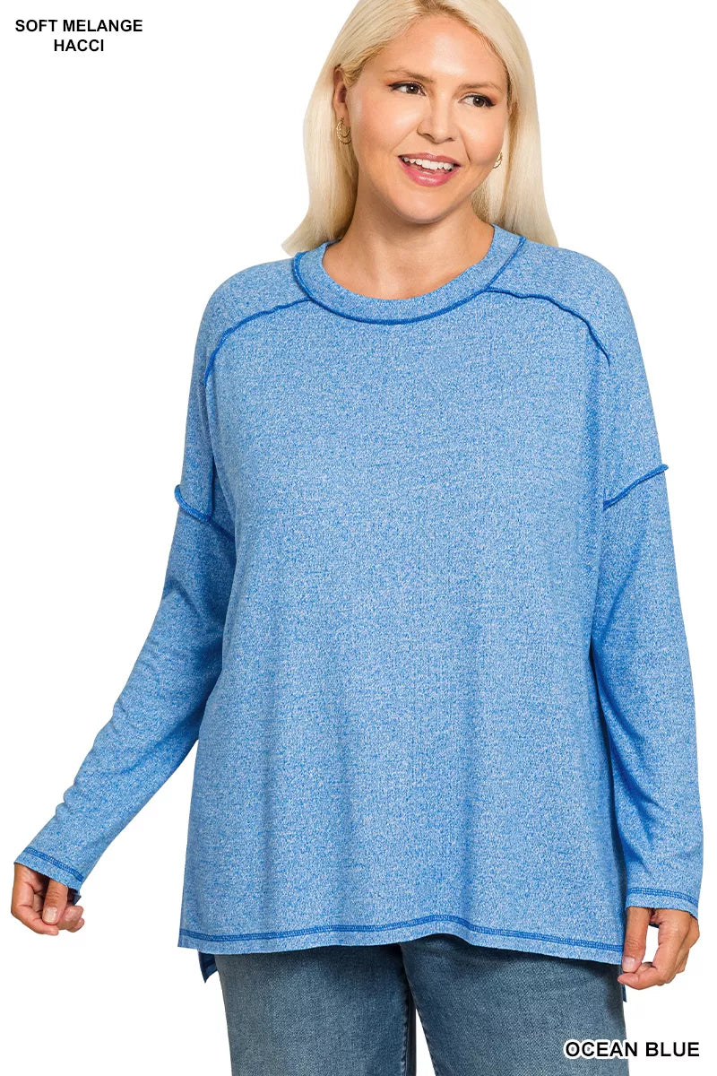 Zenana Full Size Melange Hacci Exposed Seam Hi-low Tee Plus Size OutfitFlow
