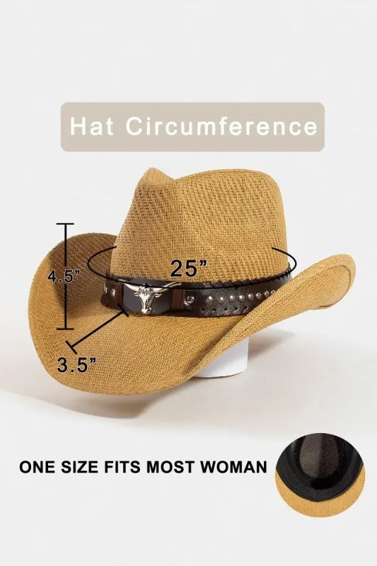 Fame Studded Bull Head Strap Straw Western Cowboy Hat OutfitFlow