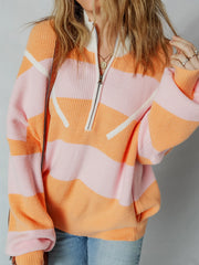 Stripe Color Block Half Zip Oversize Sweater OutfitFlow