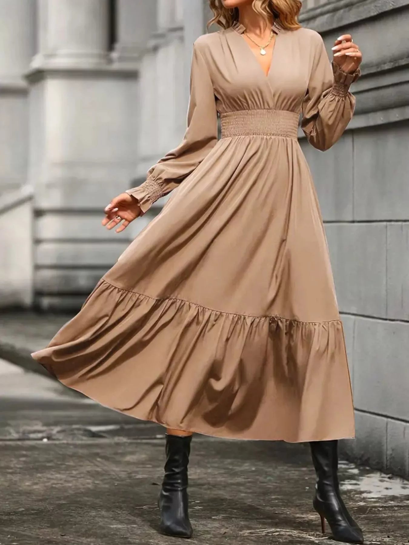 Surplice Long Sleeve Tiered Midi Dress OutfitFlow