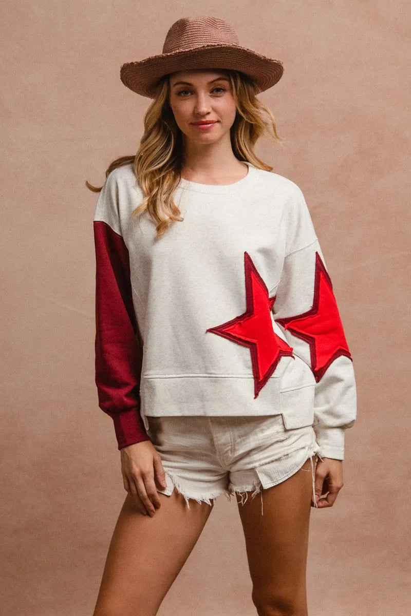 BiBi Star Patch And Spliced Hemline French Terry Long Sleeve Sweatshirt OutfitFlow