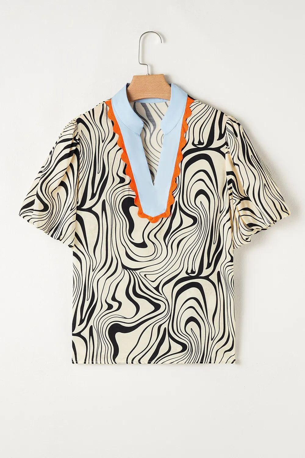 Zebra Stripe Print Contrast V-Neck Ricrac Detail Short Sleeve Blouse Top OutfitFlow