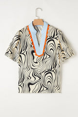 Zebra Stripe Print Contrast V-Neck Ricrac Detail Short Sleeve Blouse Top OutfitFlow