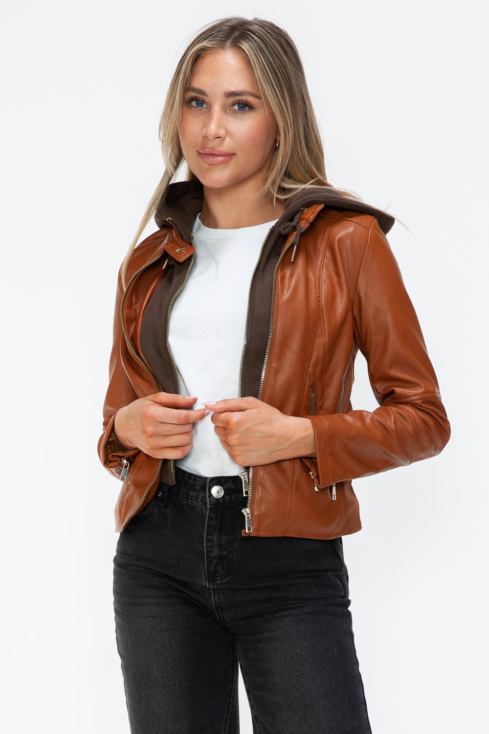 Outfit Flow - Snobbish Faux Leather Zip Up Drawstring Hooded Jacket