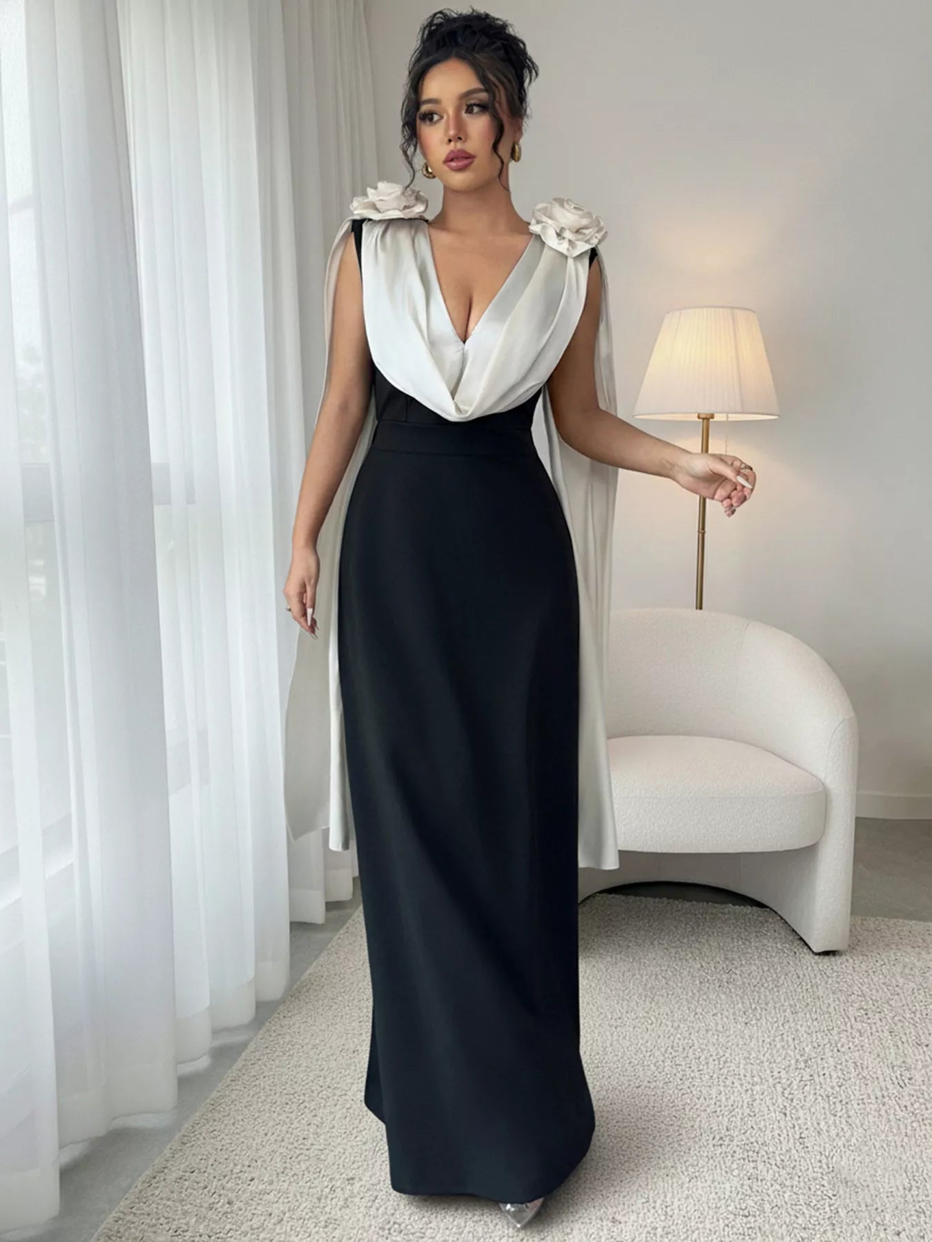 Floral Applique Two Tone Maxi Dress OutfitFlow