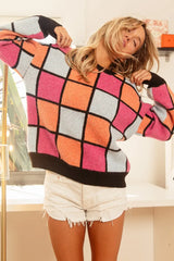 BiBi Multi Color Checker Pattern Sweater OutfitFlow