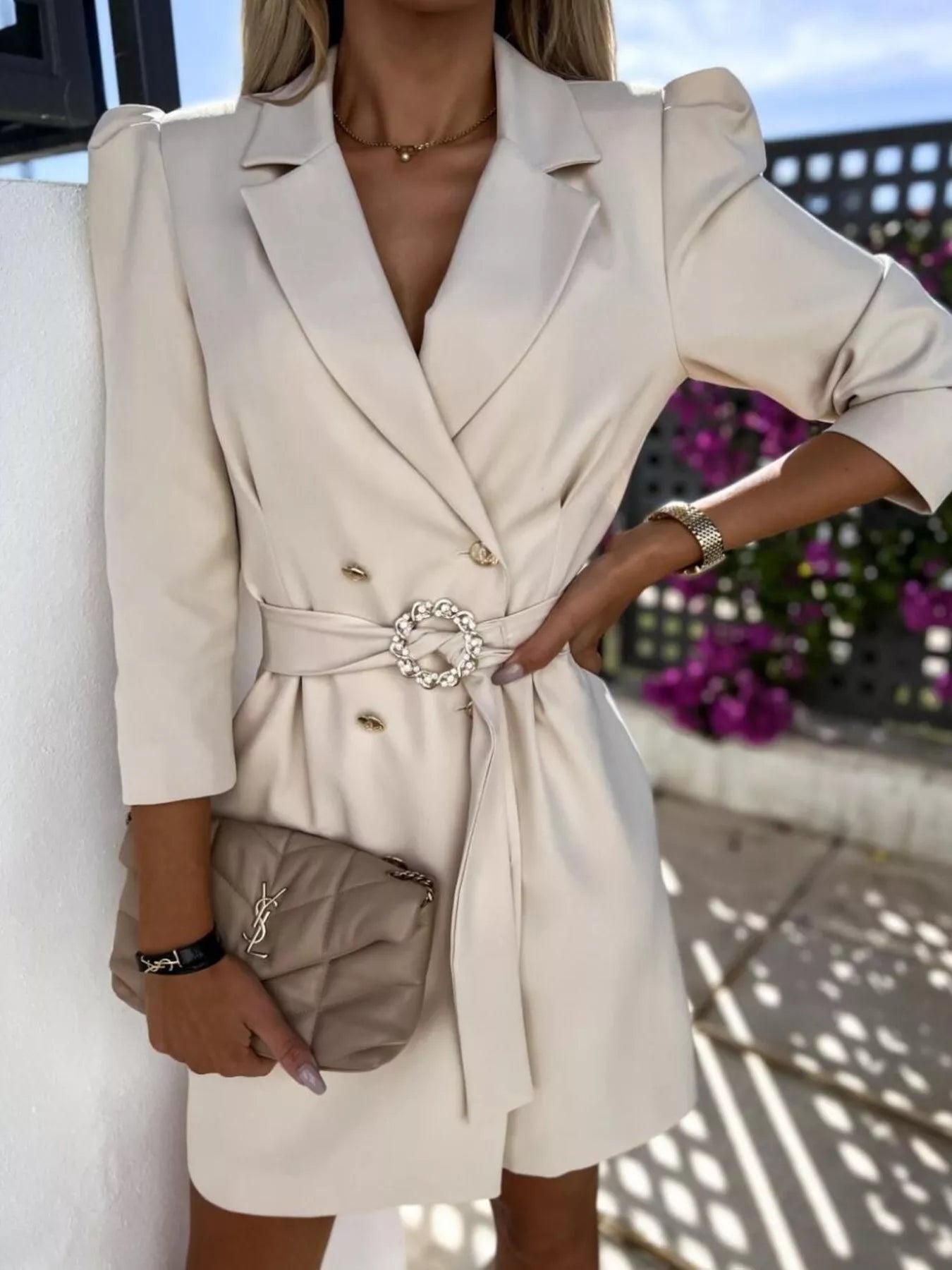 3/4 Sleeve Belted Blazer Dress OutfitFlow