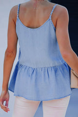 Ruffled Spaghetti Straps Denim Tank Top OutfitFlow