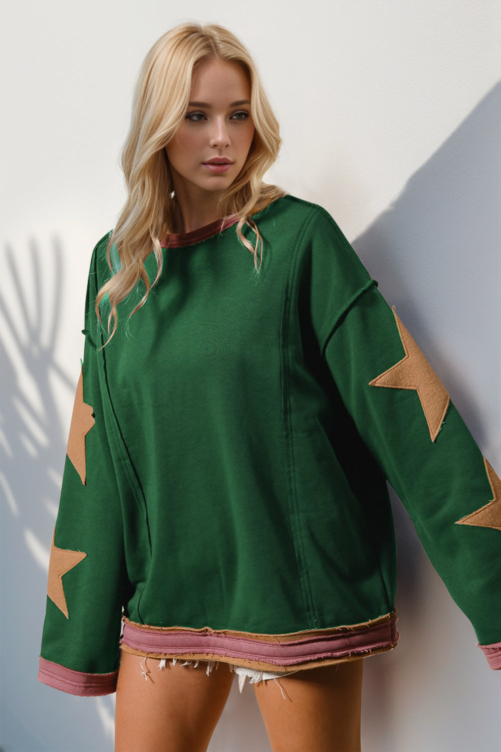 Outfit Flow - Double Take Star Patched Long Sleeve Sweatshirt