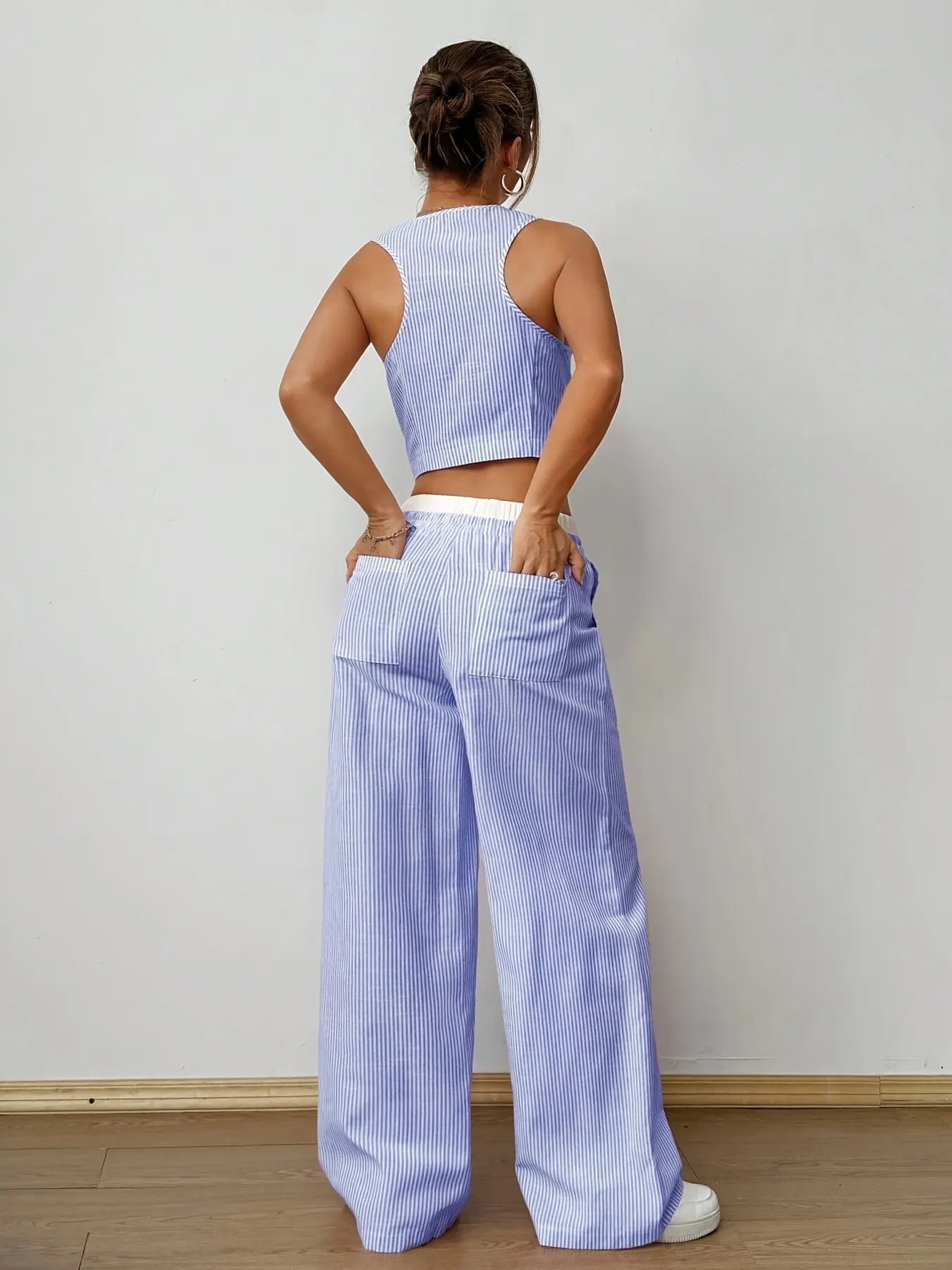 Striped Vest Top and Wide Leg Pants Two-Piece Set OutfitFlow