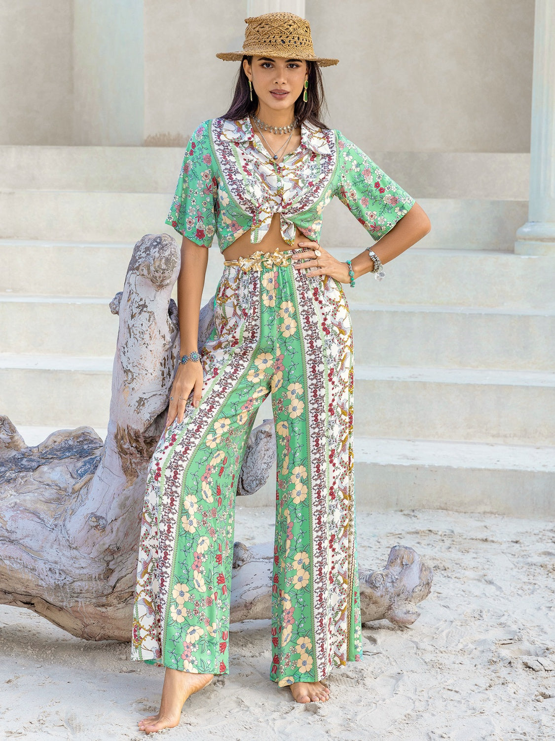 Outfit Flow - Printed Half Sleeve Top and Wide Leg Pants Set