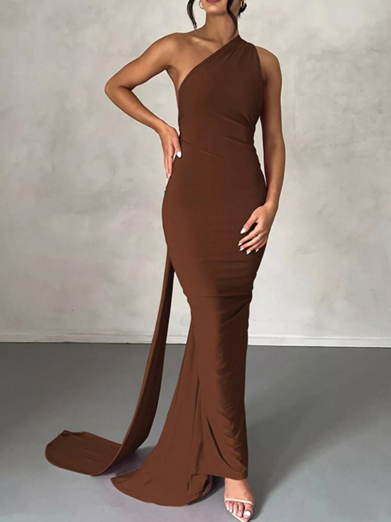 Backless One-Shoulder Ruched Bodycon Maxi Dress Brown OutfitFlow