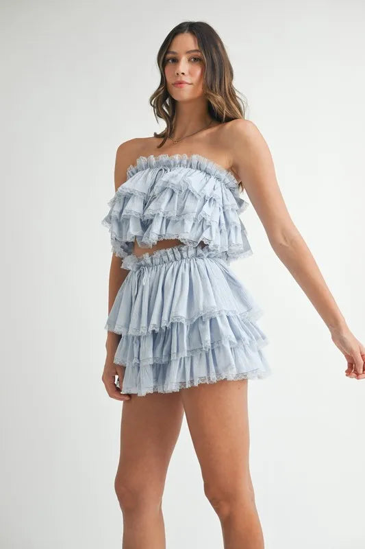 MABLE Ruffle Layered Crop Top and Mini Skirt Set OutfitFlow