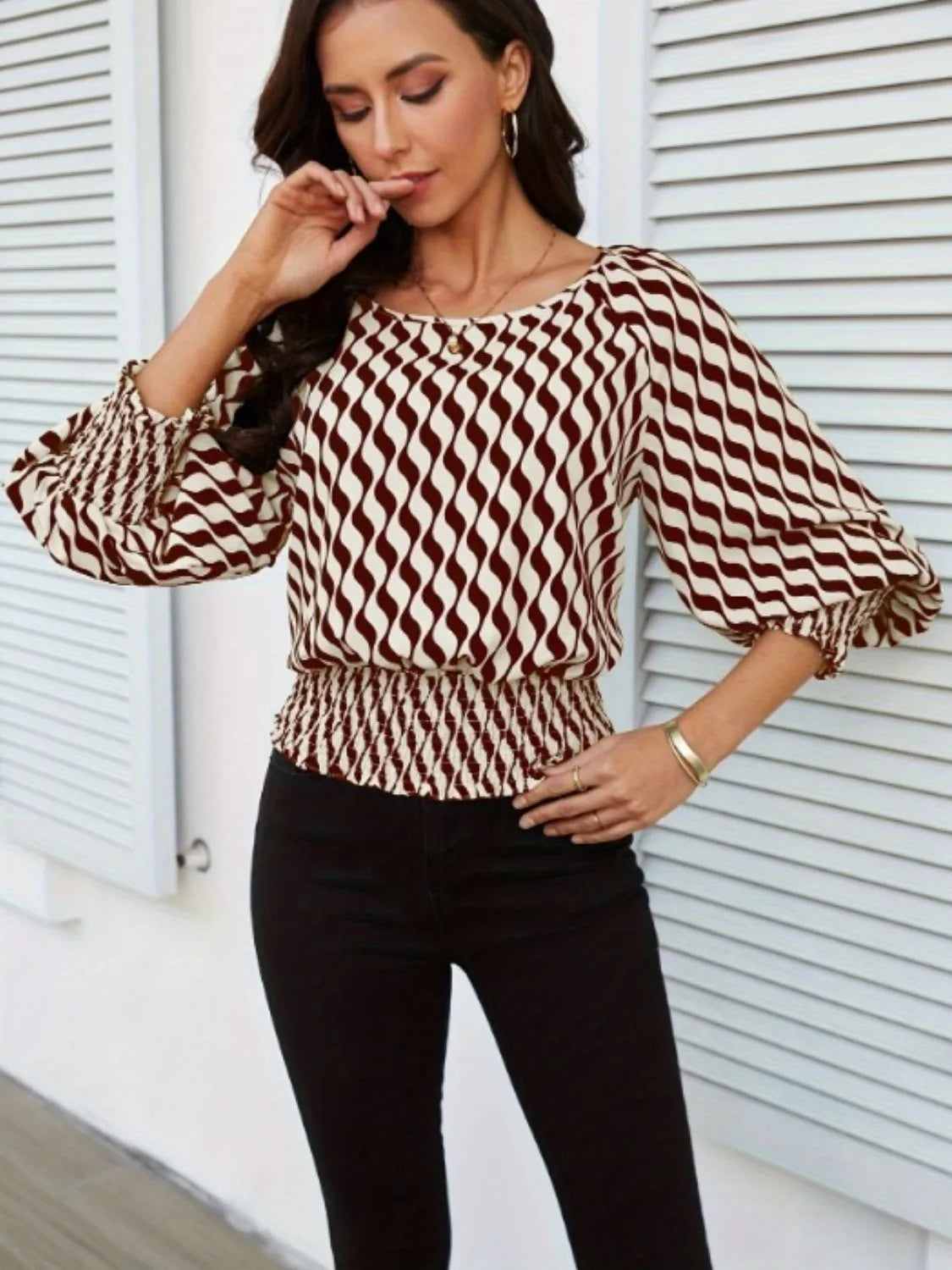 Geometric Print Lantern Sleeve Smocked Waist Blouse OutfitFlow