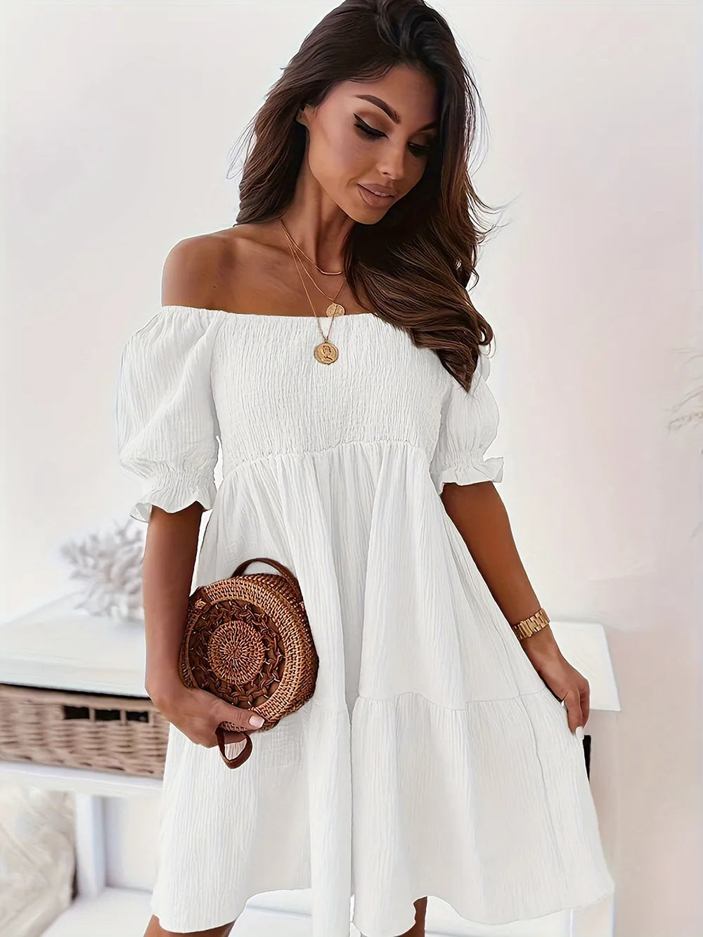 Full Size Ruffled Off-Shoulder Short Sleeve Dress OutfitFlow
