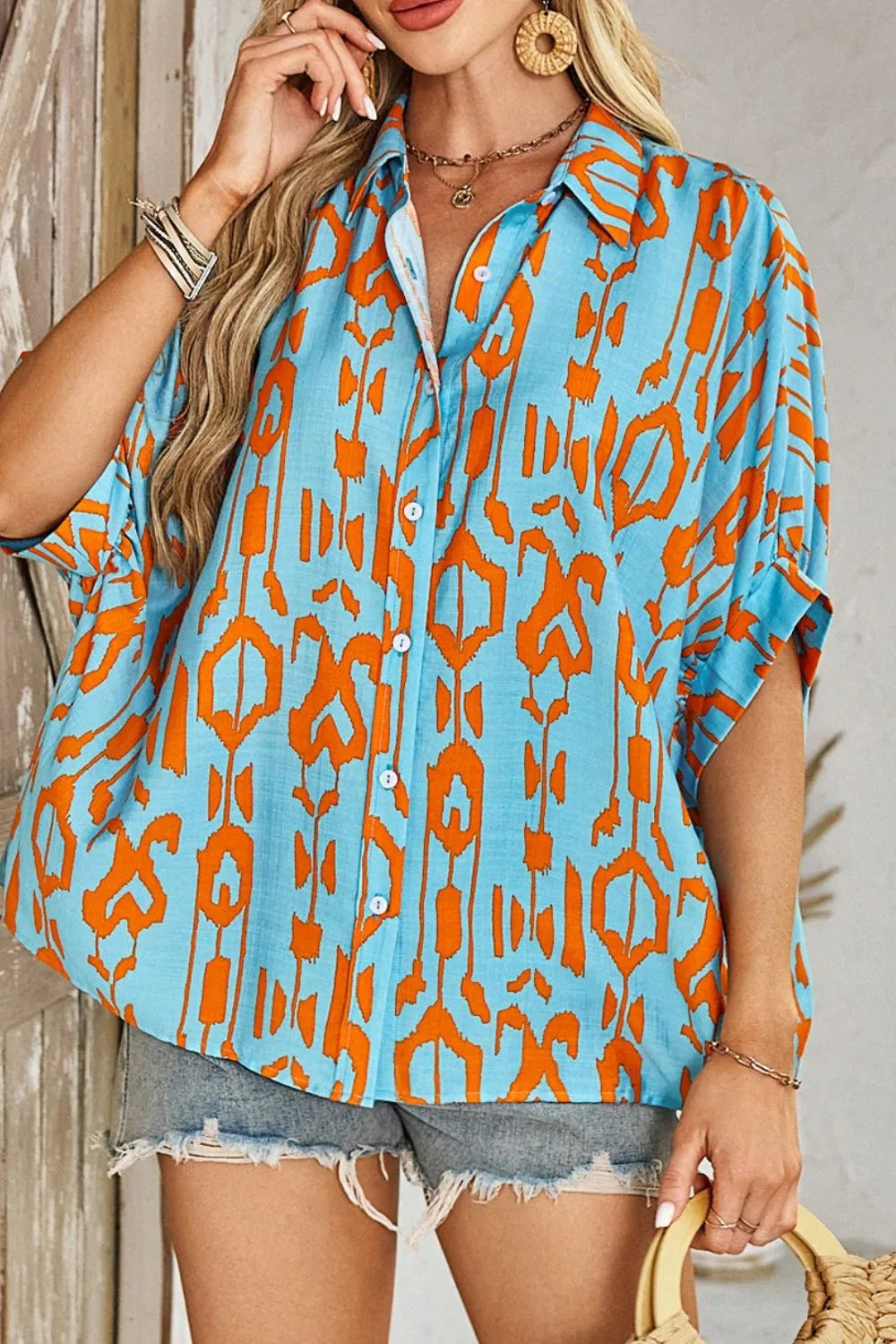 Abstract Print Dolman Short Sleeve Western Loose Shirt OutfitFlow