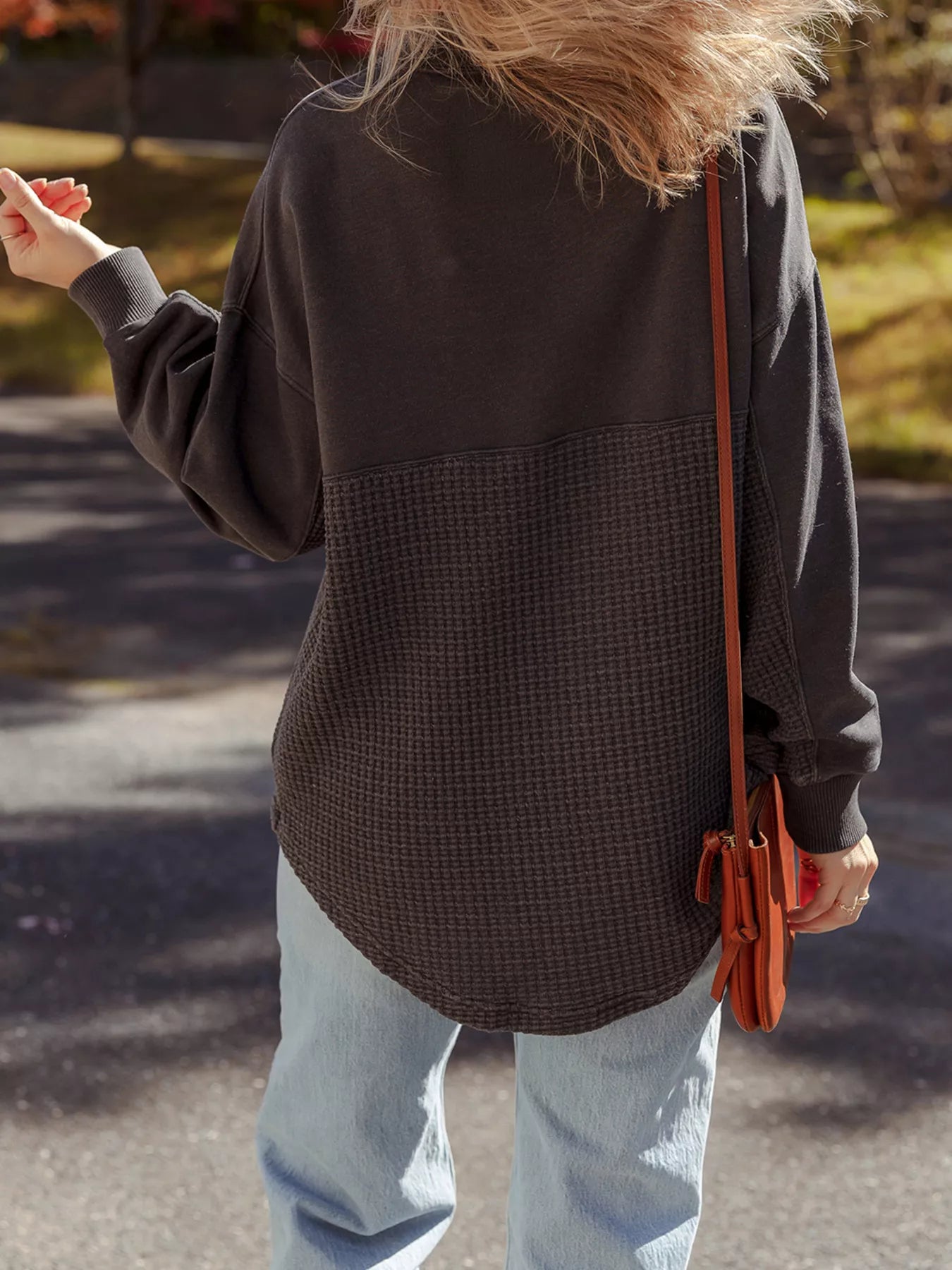 Waffle Knit Patchwork Half Zipped Casual Sweatshirt OutfitFlow