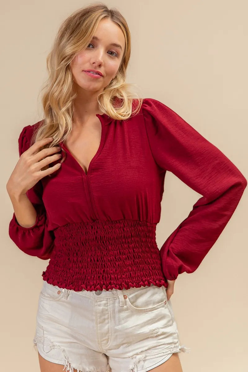BiBi Smoking Waist Band and Puff Sleeves Deep V Neck Top OutfitFlow