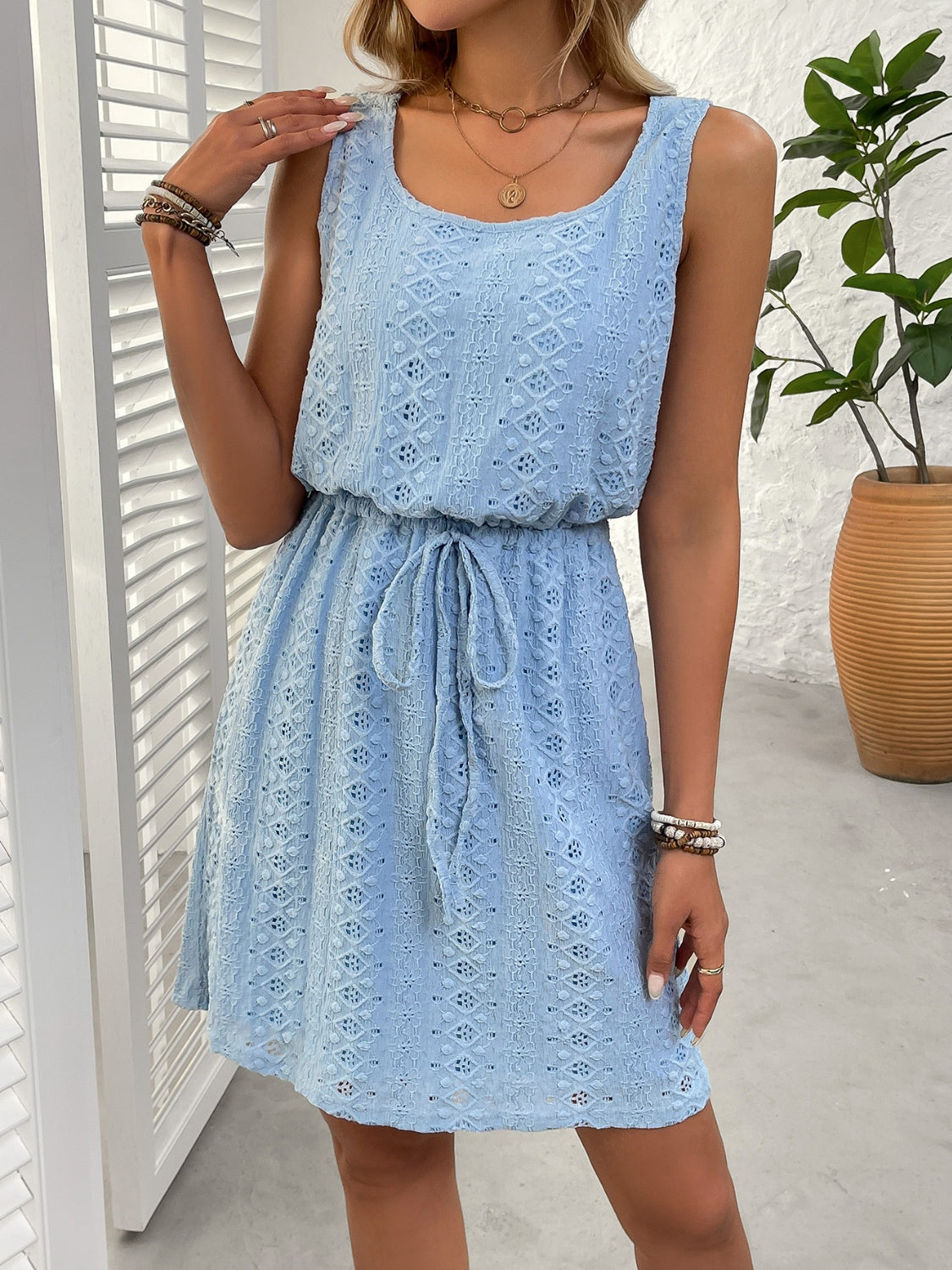 Eyelet Drawstring Round Neck Sleeveless Dress OutfitFlow