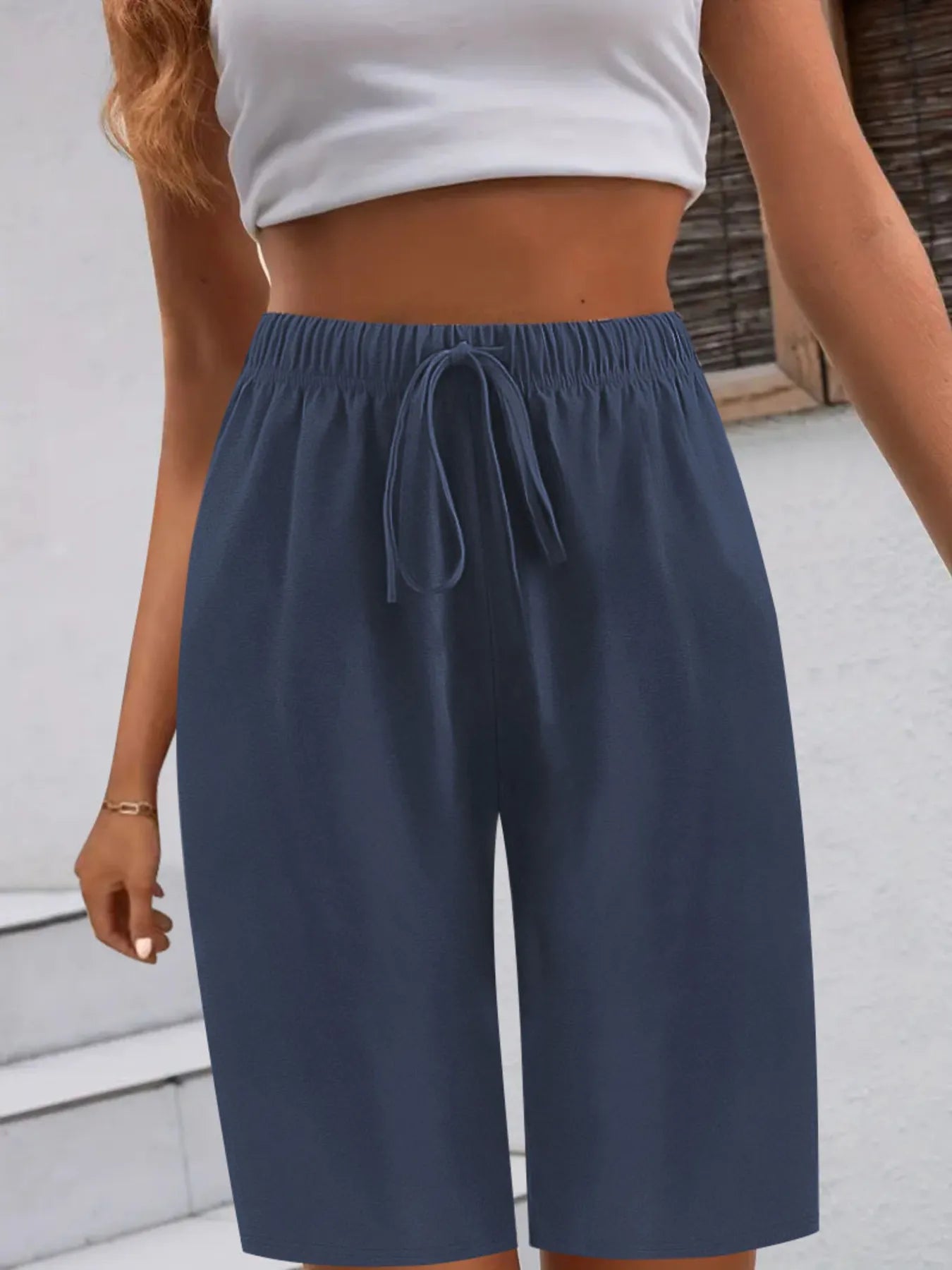 Casual Drawstring Wide Leg Shorts Navy OutfitFlow