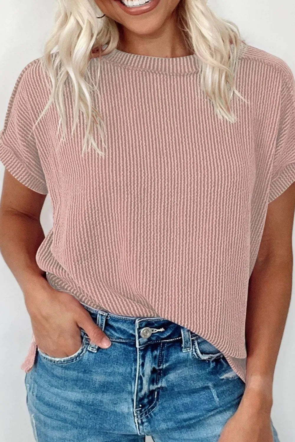 Casual Ribbed Short Sleeve Round Neck T-Shirt OutfitFlow