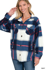 Zenana Oversized Plaid Fleece Shacket NAVY Trendsi