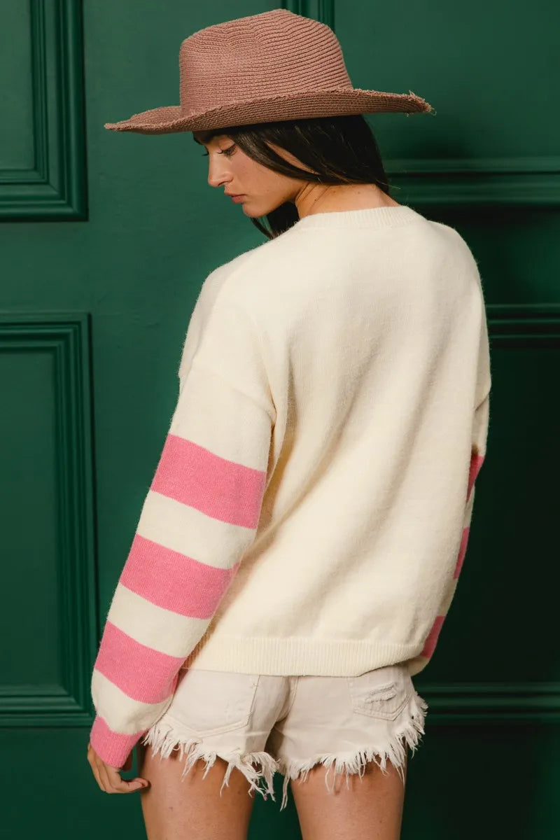 BiBi Colorful Floral Patched Sweater with Striped Sleeve OutfitFlow