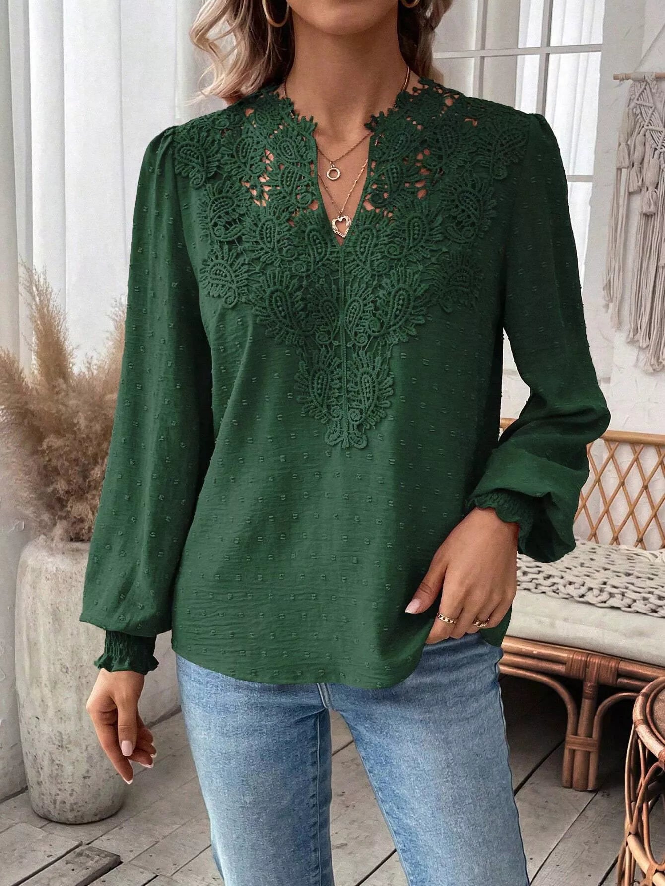 Swiss Dot Lace Detail Long Sleeve Blouse OutfitFlow