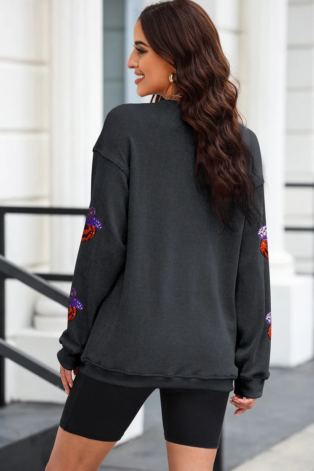 Sequin Pumpkin Long Sleeve Sweatshirt OutfitFlow