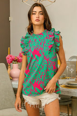 BiBi Leopard Leaves Print Woven Top JADE FUCHSIA OutfitFlow