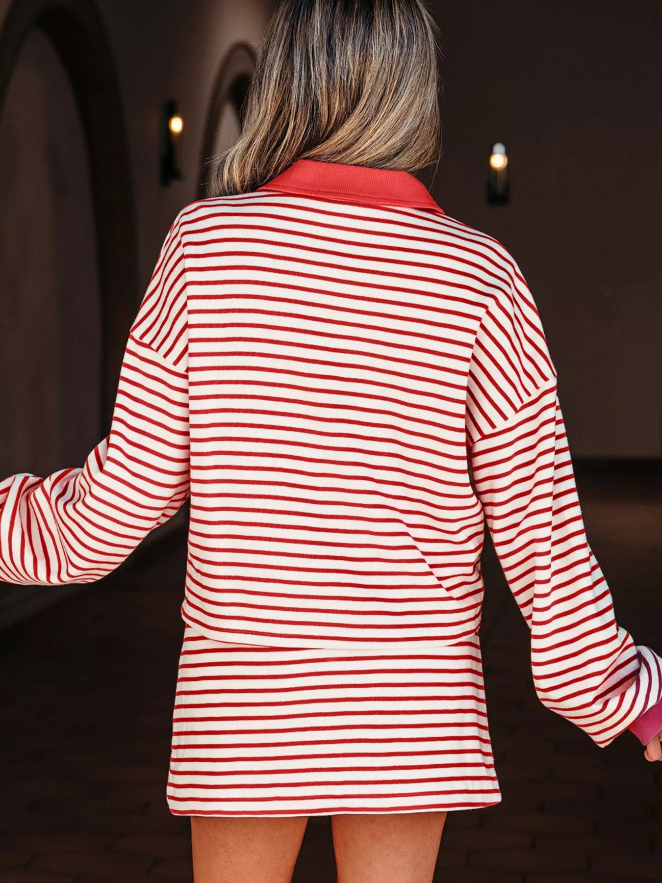 Stripe Collared V Neck Drop Shoulder Pullover and Skort 2pcs Outfit Trendsi