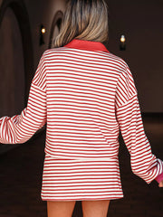 Stripe Collared V Neck Drop Shoulder Pullover and Skort 2pcs Outfit Trendsi