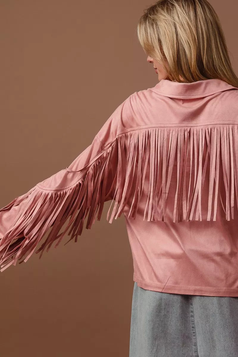 BiBi Suede Fringe Long Sleeve Jacket OutfitFlow