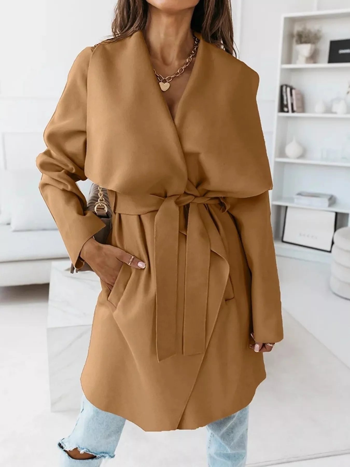 Tie Waist Long Sleeve Outerwear Khaki OutfitFlow