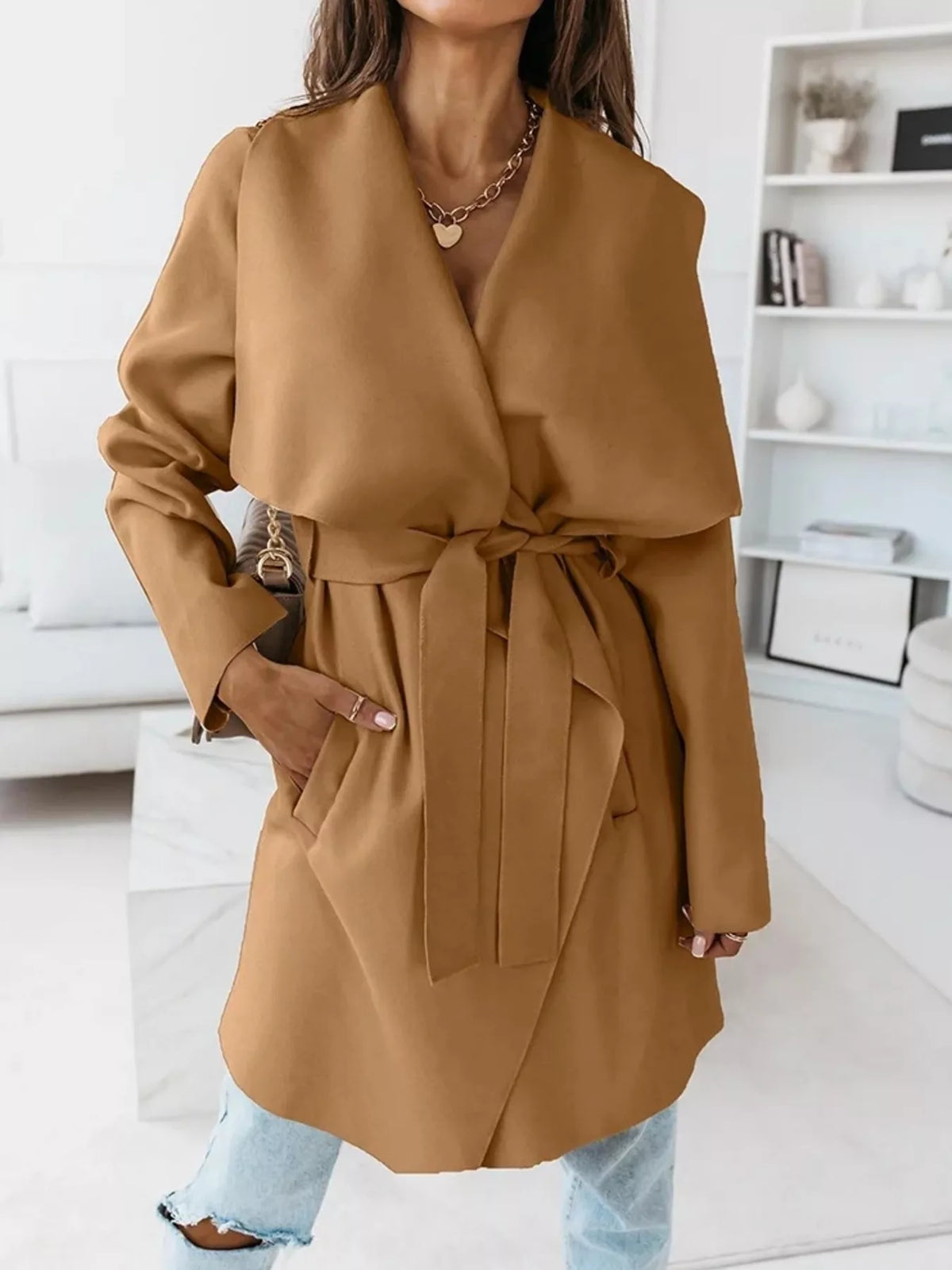 Tie Waist Long Sleeve Outerwear Khaki OutfitFlow