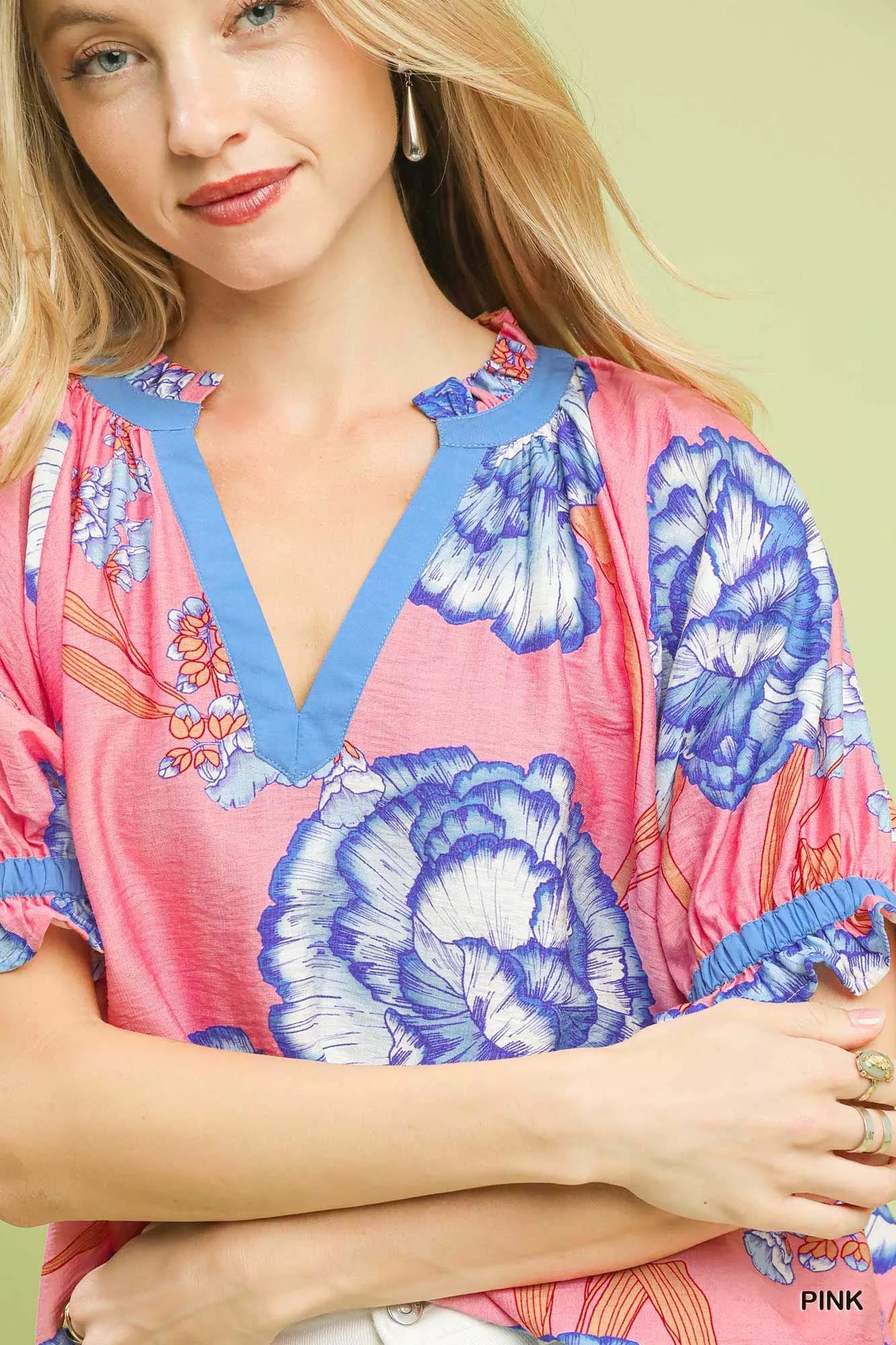 Umgee Floral V-Neck Puff Sleeve Blouse OutfitFlow