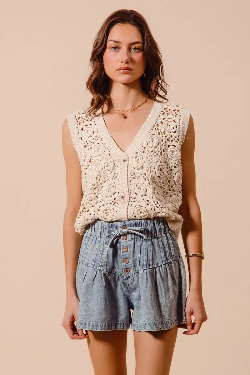 SO ME Flared Denim Shorts with Elasticized Waist OutfitFlow