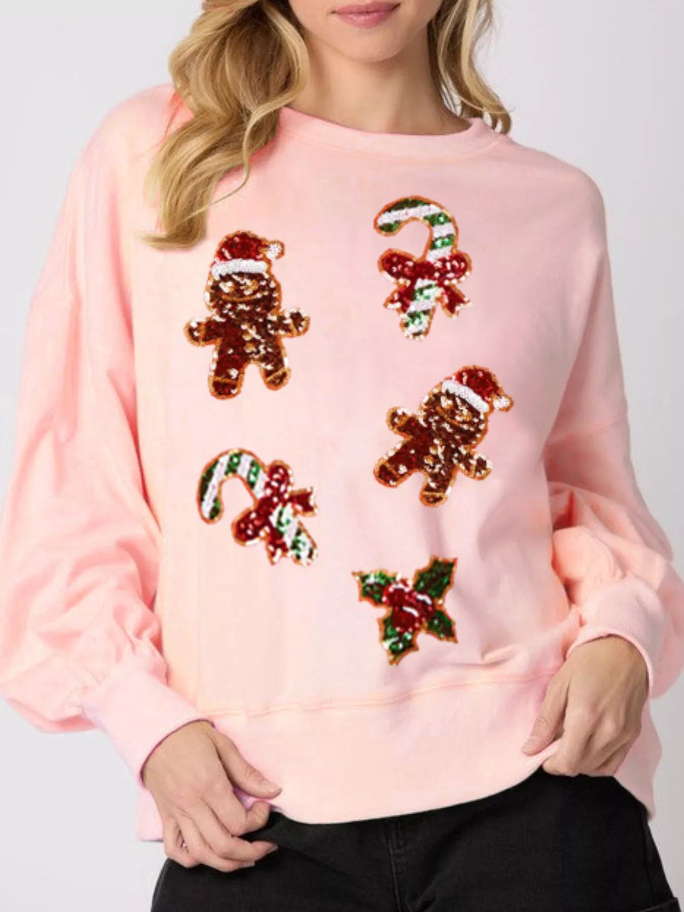 Christmas Holiday Sequined Gingerbread Sweatshirt Pink OutfitFlow