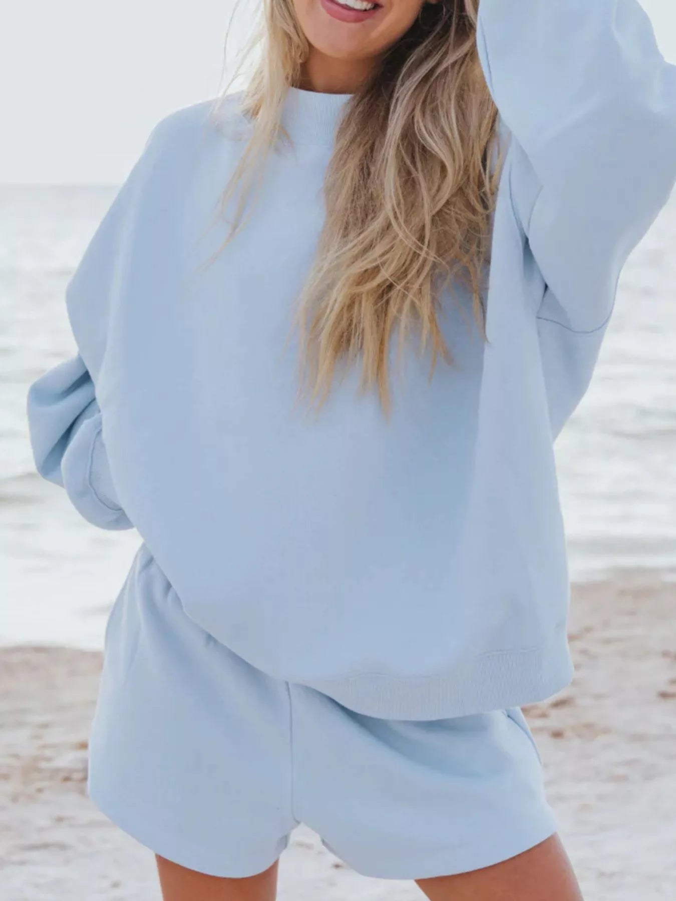 Relaxed Fit Round Neck Sweatshirt and Shorts Set Sky Blue OutfitFlow