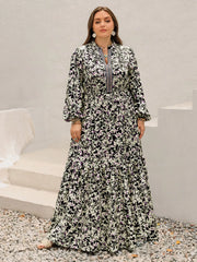 Plus Size Floral Print Long Sleeve Tiered Maxi Dress Black Trendsi