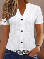 Textured Notched Short Sleeve Blouse White OutfitFlow