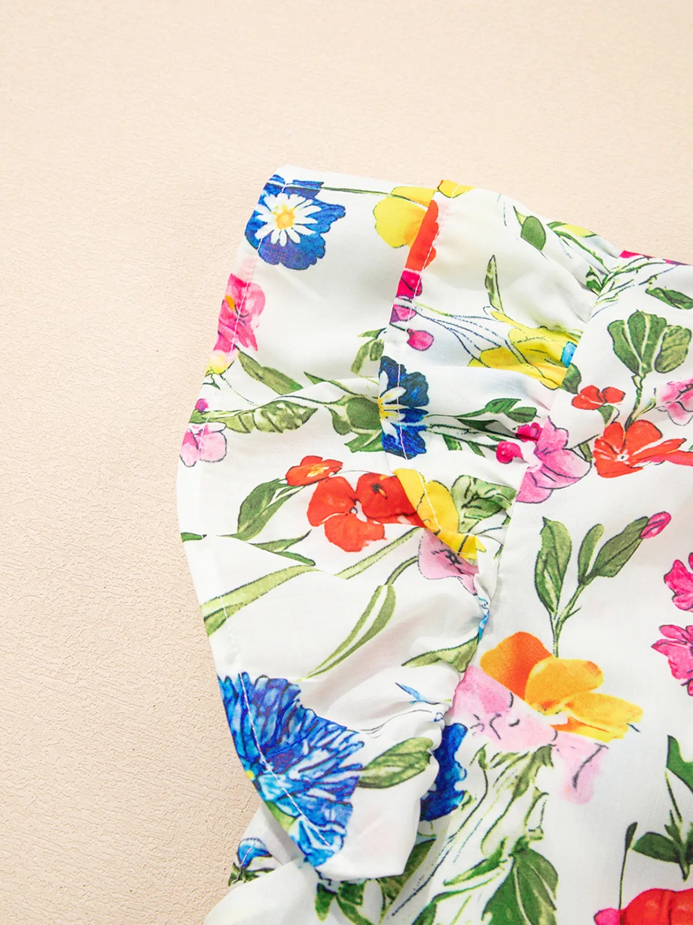 Floral Print Ruffle Layered Short Sleeve Blouse OutfitFlow