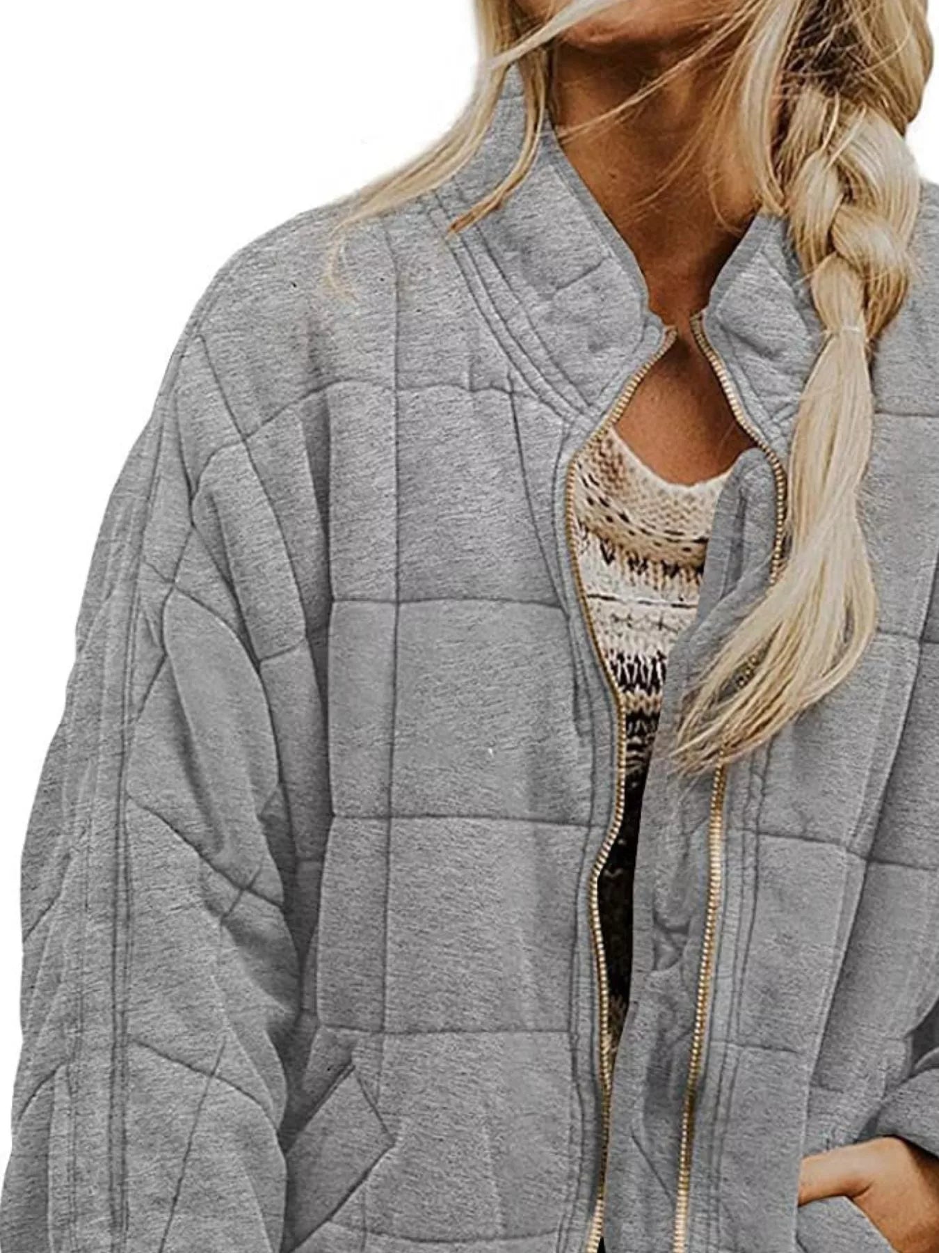 Full Size Zip Up Quilted Bomber Jacket Plus Size Trendsi